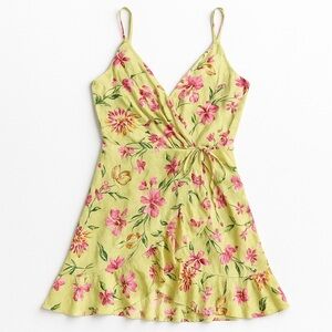 NWOT Lulus Sunny Spell Lime Floral Jacquard Wrap Mini Dress | S | Island Wedding